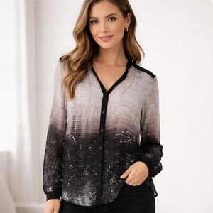 Iris Setlakwe | Semi-Sheer Ombre Blouse – Black & Ivory V-Neck